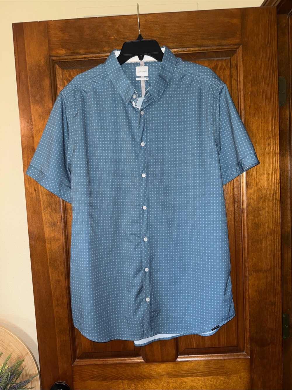 JB Holt Shirt Mens XL Blue Geometric Short Sleeve Button Up Stretch Casual